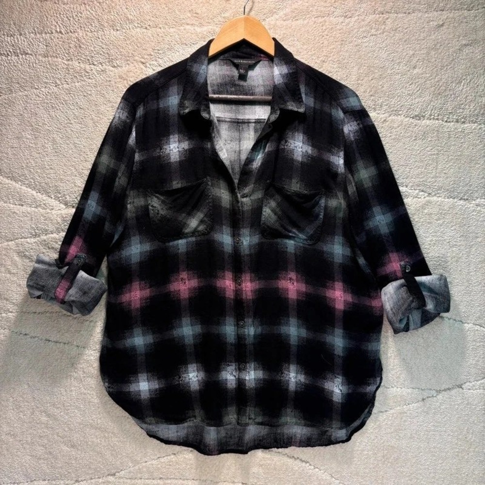 Rock & Republic Plaid Ombre Roll Tab Button Shirt Women's L *